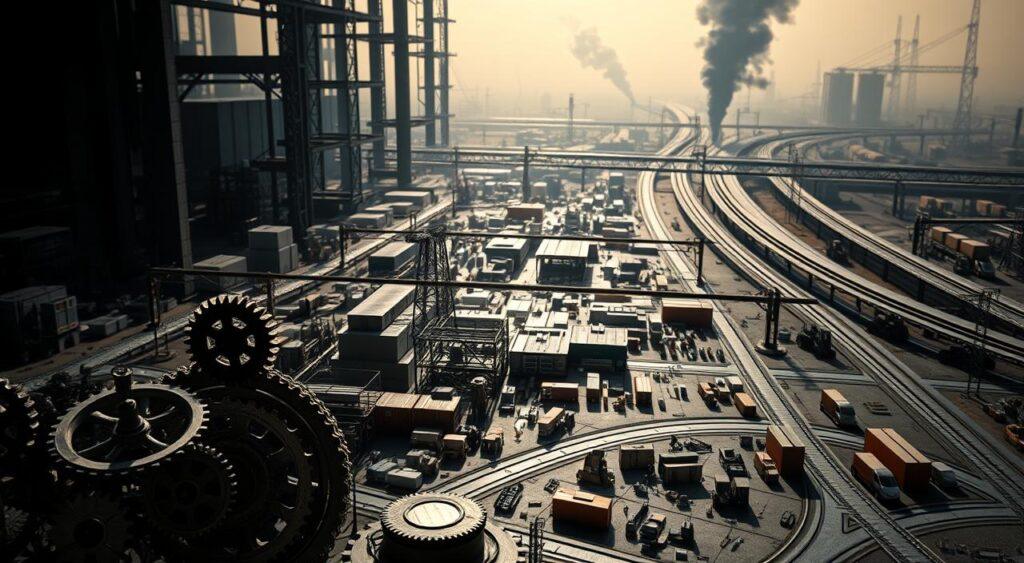 A meticulously crafted supply chain game board, set against a dimly lit industrial backdrop. In the foreground, intricate cogs and gears symbolize the complex interconnections of logistics. The middle ground features a sprawling factory landscape, with conveyor belts, warehouses, and forklifts, all working in harmony. In the background, a network of roads and railways weaves through a hazy, smoke-filled sky, hinting at the global scale of modern supply chains. The lighting is dramatic, casting long shadows and highlighting the gravity of the strategic decisions played out on this game board. The overall mood is one of strategic contemplation, as players navigate the delicate balance between efficiency, responsiveness, and resilience.