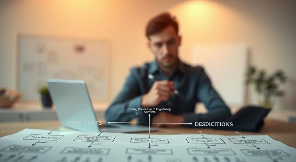 A meticulously engineered decision-making process, captured in a crisp, high-resolution image. In the foreground, a flow chart of interconnected nodes and arrows, illustrating the logical progression of analytical steps. The middle ground features a thoughtful figure, pen in hand, contemplating each decision point. The background is a clean, minimalist workspace, bathed in warm, directional lighting that accentuates the depth and clarity of the scene. The overall mood is one of structured, systematic problem-solving, conveying the essence of algorithmic thinking and decision-making. A meticulously engineered decision-making process, captured in a crisp, high-resolution image. In the foreground, a flow chart of interconnected nodes and arrows, illustrating the logical progression of analytical steps. The middle ground features a thoughtful figure, pen in hand, contemplating each decision point. The background is a clean, minimalist workspace, bathed in warm, directional lighting that accentuates the depth and clarity of the scene. The overall mood is one of structured, systematic problem-solving, conveying the essence of algorithmic thinking and decision-making.