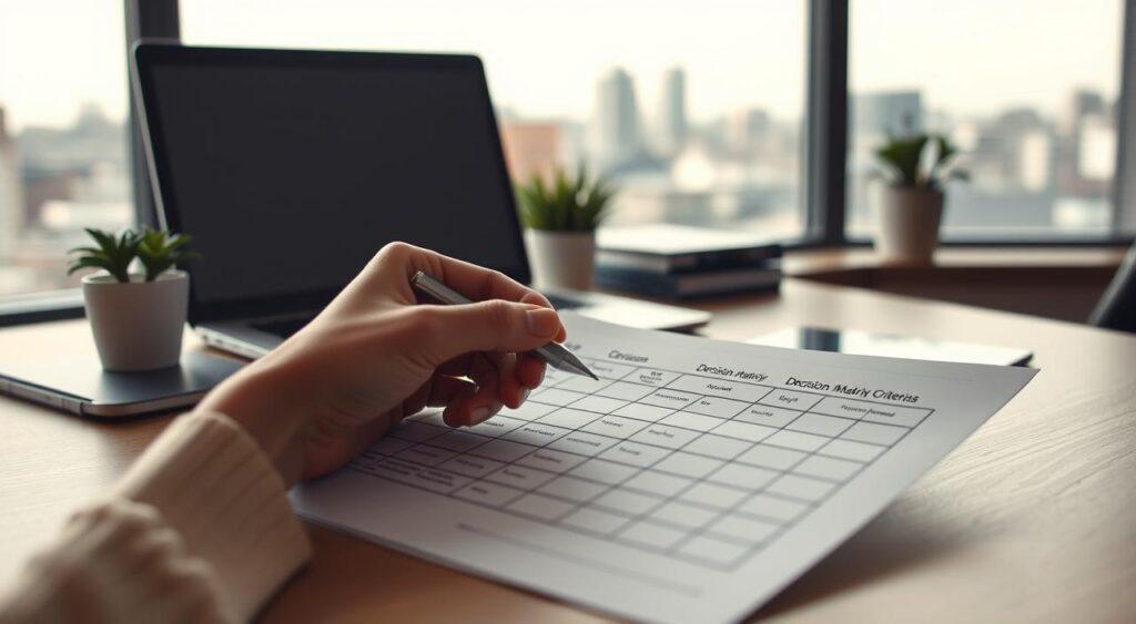 A minimalist office setting with a wooden desk, a potted plant, and a laptop computer. In the foreground, a hand holds a pen, poised over a decision matrix worksheet. The matrix is divided into rows and columns, with options and criteria clearly labeled. Diffused, soft lighting illuminates the scene, creating a thoughtful and contemplative atmosphere. The background features a blurred cityscape, conveying a sense of the broader context in which these decisions are made. The overall composition suggests a methodical, analytical approach to problem-solving and decision-making.