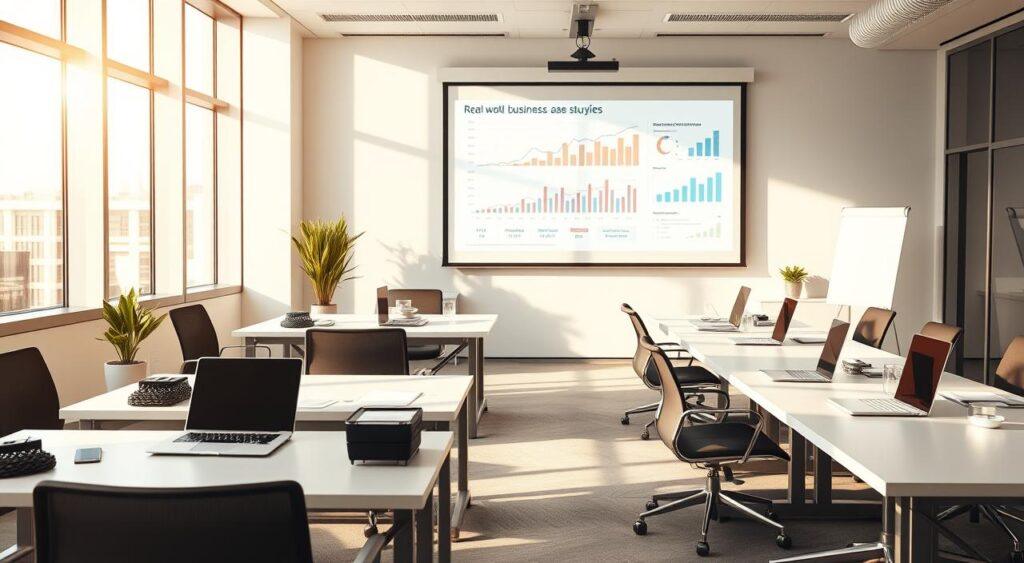 A modern, minimalist business office setting with clean lines and sleek, contemporary furniture. Bright, natural lighting streams in through large windows, casting a warm glow on the scene. Neatly organized desks feature laptops, notebooks, and other professional accessories. In the background, a projection screen displays analytics data, charts, and other visuals related to real-world business case studies. The overall atmosphere conveys a sense of productivity, innovation, and strategic planning.
