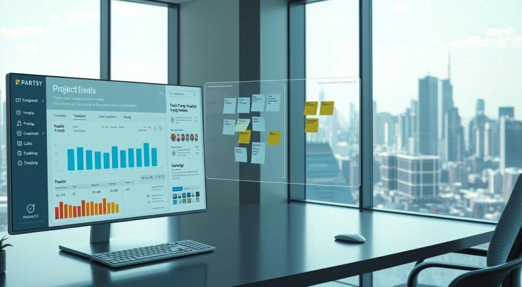 A modern, minimalist workspace with advanced task management systems. In the foreground, a sleek digital dashboard displays real-time project timelines, task prioritization, and progress tracking. The middle ground features a holographic task board, with virtual sticky notes and collaborative workspaces. In the background, a panoramic window overlooking a futuristic city skyline, bathed in cool, natural lighting. The overall atmosphere is one of efficiency, organization, and technological innovation, supporting the optimized flow of work.