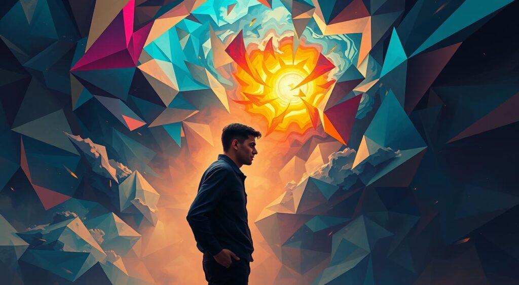 A pensive figure stands amidst a swirling storm of thought, their expression a tapestry of contemplation. Vibrant colors and sharp geometric shapes converge, symbolizing the complex, multifaceted nature of decision-making. The figure is illuminated by a warm, focused light, highlighting the tension between intuition and reason. Soft shadows play across the scene, hinting at the subtle undercurrents that influence our choices. The background is a dreamlike realm of overlapping planes and distorted perspectives, evoking the psychological landscape of the decision-making process. A sense of depth and movement draws the viewer inward, inviting them to consider the intricacies of the human mind.