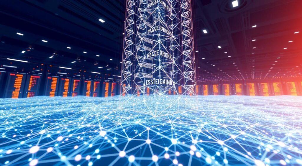 A pristine, hyper-realistic rendering of Google's iconic PageRank algorithm visualized as a towering, three-dimensional data structure. In the foreground, a complex network of interconnected nodes and edges forms the core of the PageRank system, each node pulsing with an intricate glow. The middle ground features a sleek, futuristic user interface, hinting at the algorithm's revolutionary impact on web search. In the background, a vast, ethereal landscape of servers and data centers, bathed in a warm, amber light, symbolizes the global scale and power of this groundbreaking technology. The scene is captured with a cinematic, low-angle perspective, conveying a sense of awe and importance befitting the historical significance of the PageRank system. Algorithms Mental Model-Google's iconic PageRank algorithm