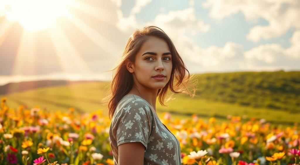 A resilient young woman, her face radiating determination, stands tall amidst a vibrant field of blooming flowers. Rays of warm, golden light filter through wispy clouds, casting a hopeful glow. In the background, a lush, verdant landscape unfolds, symbolizing the growth and renewal of a growth mindset. The woman's posture is poised and confident, her eyes fixed on the horizon, embodying the strength and perseverance to overcome challenges. The scene evokes a sense of inner strength, adaptability, and the belief that through hard work and a positive attitude, one can transform adversity into opportunity.