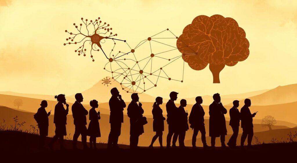 A sepia-toned scene depicting the evolutionary progression of human thought and cognition. In the foreground, a series of silhouetted figures represent key historical thinkers, philosophers, and scientists, each posing in a pensive, contemplative stance. In the middle ground, an abstract representation of the "proxy mental model" emerges, with interconnected nodes and synaptic pathways flowing between the figures. The background is a hazy, dreamlike landscape, suggesting the intangible, conceptual nature of this evolutionary process. Soft, warm lighting illuminates the scene, creating an atmosphere of intellectual introspection and the gradual unfolding of human understanding over time.