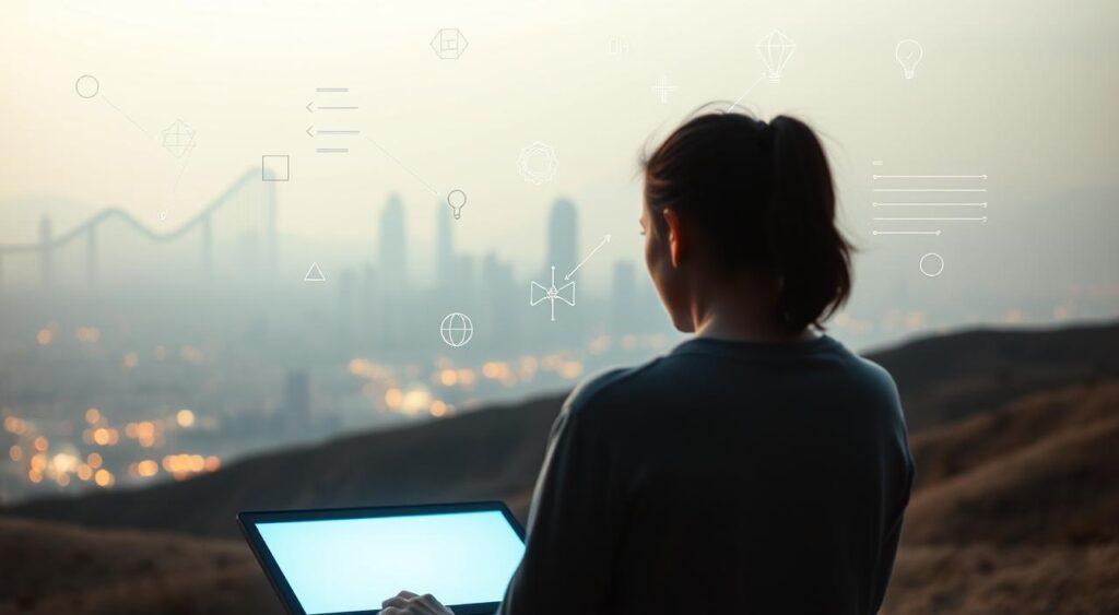 A serene and minimalist landscape, with a softly lit foreground featuring a person intently focused on a glowing screen, symbolizing the act of error reduction. The middle ground showcases a variety of abstract shapes and lines, each representing different strategies and techniques for minimizing mistakes. In the background, a hazy, dreamlike cityscape fades into the distance, suggesting the larger context and importance of effective error management. The overall mood is one of contemplation and problem-solving, with a clean, subdued color palette and a sense of balance and harmony.