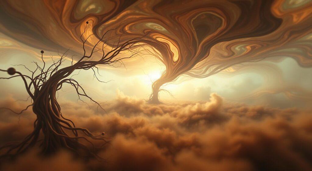 A serene, dreamlike landscape of the subconscious mind. In the foreground, a swirling vortex of abstract shapes and colors, representing the intricate patterns of human psychology. Emanating from the center, tendrils of thought and emotion cascade outward, intertwining and diverging. The middle ground features a subtly shifting, hazy environment, suggesting the murky depths of the psyche. In the background, a soft, ethereal glow illuminates the scene, casting a contemplative atmosphere. Indirect lighting accentuates the depth and dimensionality, creating a sense of mystery and introspection. Captured through a wide-angle lens, the composition invites the viewer to explore the inner workings of the mind. A serene, dreamlike landscape of the subconscious mind. In the foreground, a swirling vortex of abstract shapes and colors, representing the intricate patterns of human psychology. Emanating from the center, tendrils of thought and emotion cascade outward, intertwining and diverging. The middle ground features a subtly shifting, hazy environment, suggesting the murky depths of the psyche. In the background, a soft, ethereal glow illuminates the scene, casting a contemplative atmosphere. Indirect lighting accentuates the depth and dimensionality, creating a sense of mystery and introspection. Captured through a wide-angle lens, the composition invites the viewer to explore the inner workings of the mind.