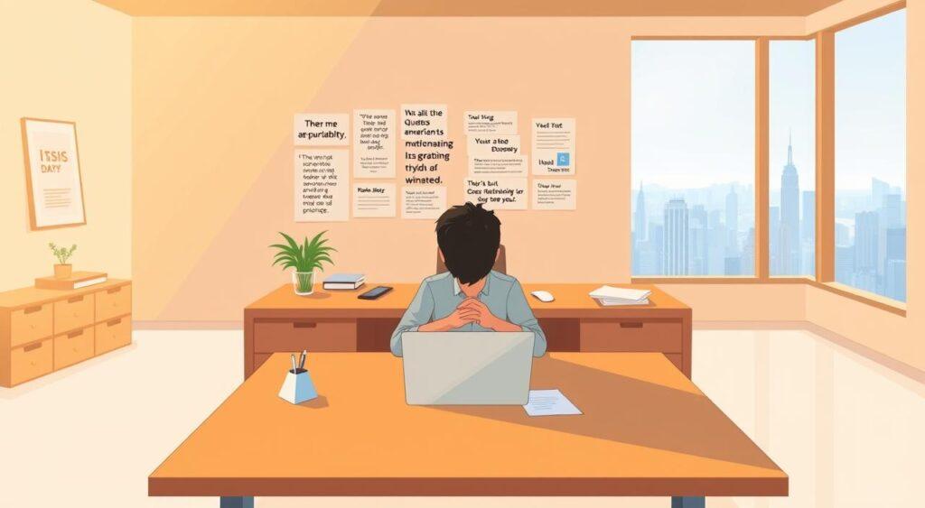 A serene, minimalist office space, bathed in warm, diffused lighting. A large, wooden desk takes center stage, its surface adorned with a laptop, a pen holder, and a stack of papers. In the foreground, a person sits focused, their hands clasped in contemplation, embodying the concept of individual accountability. The middle ground reveals a wall of motivational quotes and reminders, while the background showcases a panoramic window overlooking a bustling city skyline, symbolizing the broader context in which individual actions have an impact. The overall mood is one of calm, introspection, and a sense of personal responsibility within a larger group setting. A serene, minimalist office space, bathed in warm, diffused lighting. A large, wooden desk takes center stage, its surface adorned with a laptop, a pen holder, and a stack of papers. In the foreground, a person sits focused, their hands clasped in contemplation, embodying the concept of individual accountability. The middle ground reveals a wall of motivational quotes and reminders, while the background showcases a panoramic window overlooking a bustling city skyline, symbolizing the broader context in which individual actions have an impact. The overall mood is one of calm, introspection, and a sense of personal responsibility within a larger group setting.
