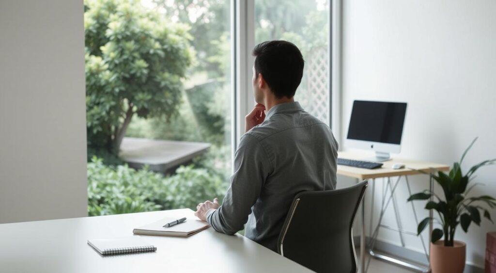 A serene, minimalist workspace with a desk, chair, and a large window overlooking a lush garden. On the desk, a notebook, a pen, and a compact desktop computer. The lighting is soft and natural, filtering in through the window. The atmosphere is one of focused concentration and contemplation. A person is seated at the desk, deep in thought, considering the practical steps to apply first principles - a clear, structured thought process that breaks down complex problems to their fundamental components. The image conveys a sense of clarity, simplicity, and a methodical approach to problem-solving.