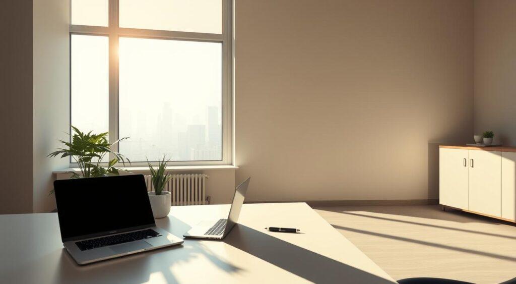 A serene office space with clean lines and minimalist decor. A single desk with a laptop, pen, and a potted plant sits in the foreground, casting soft shadows. The middle ground features a large window overlooking a tranquil city skyline, the afternoon sun streaming in. The background is a neutral-toned wall, exuding a sense of calm and focus. The overall scene conveys simplicity, efficiency, and the power of leveraging technology to achieve business goals.
