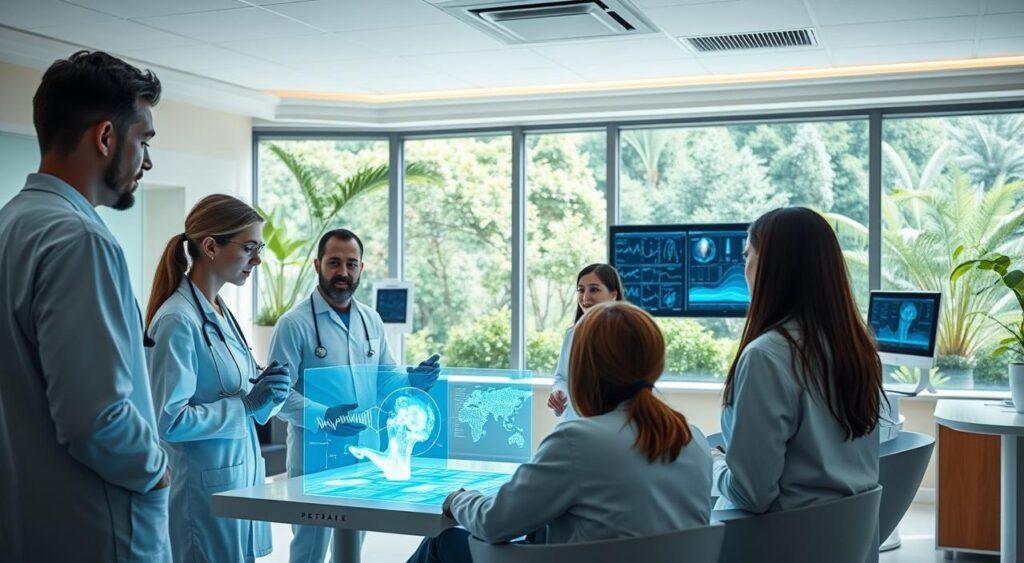 A serene, well-lit medical facility with a collaborative workspace. In the foreground, healthcare professionals engage in a lively discussion around a holographic display, their faces illuminated by the soft glow. The middle ground features a state-of-the-art patient monitoring system, its intuitive interface and real-time data visualizations enabling seamless coordination of care. In the background, a panoramic window offers a tranquil view of a lush, verdant garden, promoting a sense of healing and well-being. The overall atmosphere is one of technological sophistication, interdisciplinary cooperation, and a patient-centric approach to healthcare.