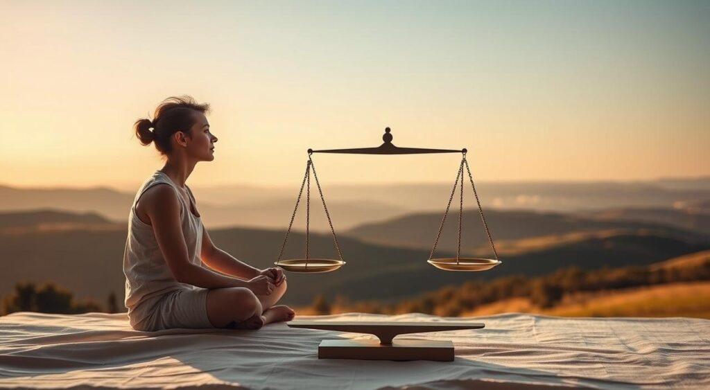 A serene, well-lit scene depicting the key characteristics of a thought experiment. In the foreground, a person sitting cross-legged, deep in contemplation, their face illuminated by a soft, natural light. Surrounding them, delicate scales balanced on a fulcrum, symbolizing the intuitive balance and logical reasoning at the heart of the thought experiment process. In the background, a tranquil landscape with rolling hills and a distant horizon, conveying a sense of expansive possibility and openness to new ideas. The overall mood is one of introspection, clarity, and the harmonious interplay of intellect and intuition.