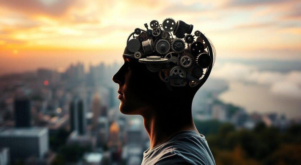A shifting perspective, a visual metaphor for understanding. In the foreground, a person's head gradually morphs, revealing an internal landscape of gears and mechanisms, symbolizing the cognitive shift from blame to comprehension. The middle ground features a blurred cityscape, hinting at the complexities of human interactions. The background is a serene, dreamlike expanse, illuminated by a warm, diffused light, conveying a sense of contemplation and enlightenment. The composition is balanced, with the focal point drawing the viewer inward, encouraging a deeper exploration of the subject matter. The overall mood is one of introspection and the evolution of perspective.