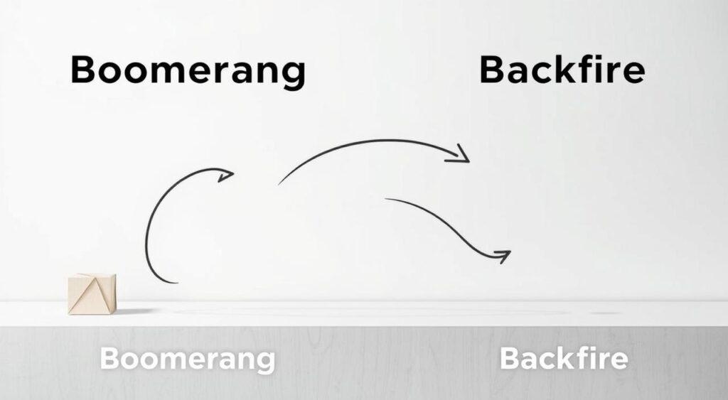 A side-by-side comparison of two distinct messaging strategies, "Boomerang" and "Backfire", presented in a clean, minimalist design. In the foreground, two interconnected arrows symbolize the contrasting effects, one curving back towards the source and the other rebounding in the opposite direction. The midground features simple geometric shapes and lines to accentuate the conceptual nature of the comparison. The background is a soft, muted gradient, allowing the central elements to take visual prominence. Bright, directional lighting creates depth and emphasizes the contrast between the two strategies. The overall mood is one of analytical clarity, inviting the viewer to thoughtfully consider the nuances between the Boomerang and Backfire effects.