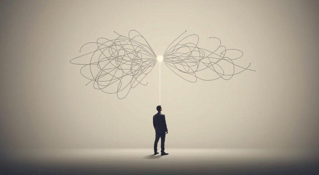 A simple yet elegant illustration of a complex problem being reduced to its core elements. Set against a minimalist backdrop, a person stands contemplating a tangled web of lines, with a single thread of clarity running through the center, guiding the way forward. Soft, muted lighting casts a pensive, analytical mood, as the figure appears to apply the principles of first principles and Occam's Razor, stripping away the unnecessary to reveal the fundamental truths. The resulting image should convey the power of these mental models to enhance decision-making and problem-solving, offering a visual representation of the "Historical Wisdom Mental Model" in action.