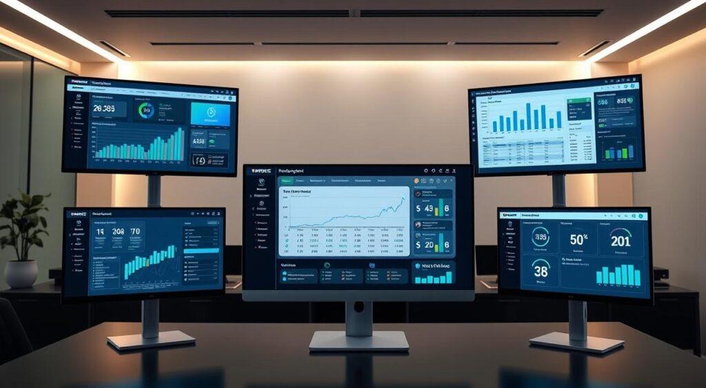A sleek, modern digital bookkeeping system displayed on multiple screens, showcasing intuitive interfaces, dynamic data visualizations, and seamless cloud-based integration. The foreground features a central dashboard with real-time financial reports, transaction logs, and analytical tools. In the middle ground, peripheral screens display inventory management, payroll processing, and tax compliance modules. The background depicts a minimalist, well-lit office setting with clean lines, subtle accent lighting, and a sense of technological sophistication. The overall mood conveys efficiency, precision, and the transformative power of digital innovations in the world of bookkeeping.