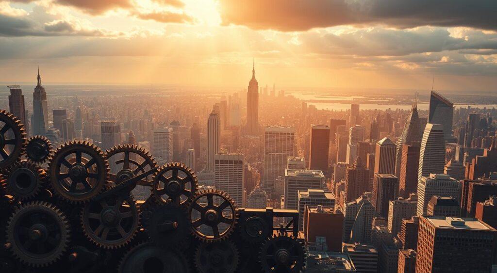 A sprawling cityscape stretches out before the viewer, with towering skyscrapers and busy streets. In the foreground, a complex web of interconnected gears, cogs, and levers represent the intricate wealth distribution system that governs the flow of capital. The gears turn unevenly, some spinning rapidly while others grind slowly, symbolizing the unequal allocation of resources. Beams of warm, directional light pierce through the scene, casting dramatic shadows and highlighting the stark contrasts between the wealthy and the impoverished. In the distance, the silhouettes of the affluent class can be seen, while the lower classes struggle to make ends meet. The overall composition conveys a sense of imbalance, complexity, and the need for systemic change.