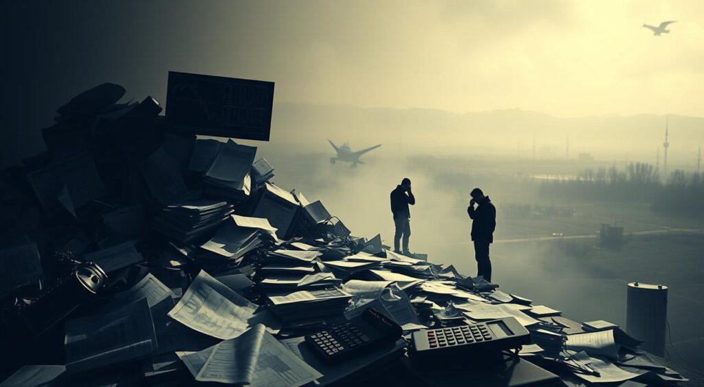 A stark, analytical scene depicting the aftermath of a financial crisis. In the foreground, a chaotic tangle of stock charts, financial reports, and calculator displays, cast in a harsh, clinical light. In the middle ground, a solitary figure, face obscured, poring over a mess of data and figures, highlighting the weight of responsibility. The background fades into a hazy, uncertain landscape - a metaphor for the Knightian uncertainty that shrouds the global economy. Dramatic shadows and highlights create a sense of drama and tension, while a muted color palette reinforces the somber mood. The overall composition conveys the complexity, gravity, and lasting impact of a financial crisis.