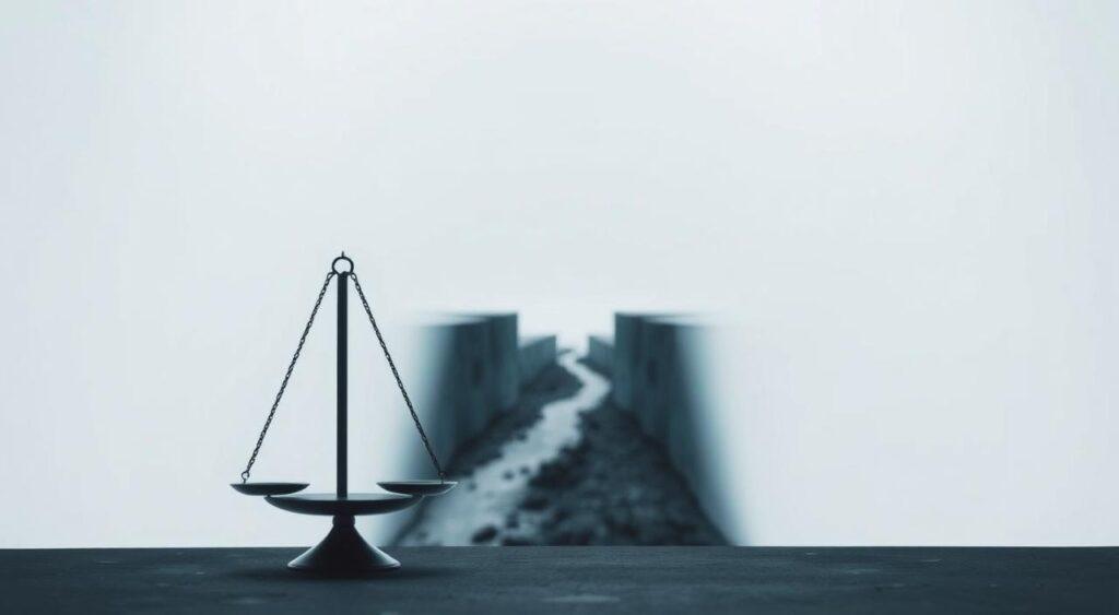 A stark, minimalist scene depicting two contrasting visual metaphors for false equivalence. In the foreground, a scale evenly balanced, symbolizing the illusion of parity between unequal ideas. In the middle ground, a chasm divides two distinct paths, highlighting the futility of attempting to find a middle ground between fundamentally different perspectives. The background is bathed in a cool, analytical light, conveying the importance of objective evidence in dismantling false equivalence. The overall composition invites the viewer to critically examine the nature of logical fallacies and the role of reason in public discourse.