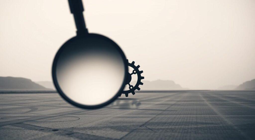 A striking conceptual illustration of the benefits and limitations of the proxy mental model. In the foreground, a magnifying glass hovers, symbolizing the focused analysis of the model's strengths and weaknesses. In the middle ground, a detailed mechanical gear representation of the proxy model's intricate workings, with cogs and levers interlocking. In the background, a minimalist geometric landscape, suggesting the broader context and implications of this psychological framework. Soft, muted lighting casts a pensive, contemplative mood, inviting the viewer to delve deeper into the nuances of this powerful yet imperfect cognitive tool.