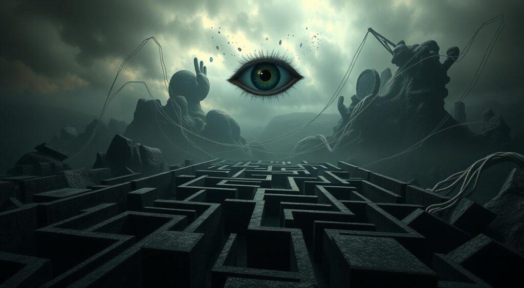 A surreal and thought-provoking scene depicting the pitfalls of Goodhart's Law. In the foreground, a maze-like structure made of abstract geometric shapes and distorted lines symbolizes the complex and unintended consequences of using proxy measurements. In the middle ground, a disembodied eye hovers, observing the maze, representing the fallibility of relying on limited data. The background is a dreamlike, fractal landscape, hinting at the chaotic and unpredictable nature of complex systems. The lighting is moody and atmospheric, with a mixture of harsh shadows and soft, diffuse illumination, creating a sense of unease and uncertainty. The overall composition is balanced and visually striking, inviting the viewer to ponder the deeper implications of Goodhart's Law.