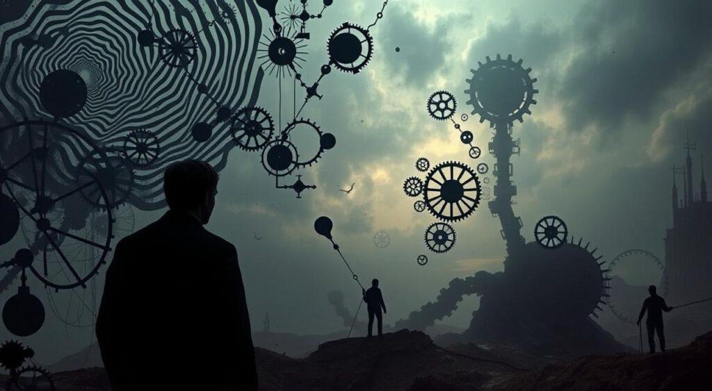 A surreal, hyper-realistic depiction of the cognitive triggers and biases that shape human decision-making. In the foreground, a disorienting array of optical illusions, Gestalt patterns, and perceptual distortions swirl together, hinting at the subtle ways our minds can be misled. In the middle ground, a shadowy figure contemplates a series of interconnected gears and cogs, representing the complex, often subconscious mechanisms that govern our behavior. The background is a dreamlike landscape, with shifting perspectives and ambiguous forms, evoking the unpredictable, almost mystical nature of the human psyche. Dramatic chiaroscuro lighting and a muted, introspective color palette convey a sense of depth, intrigue, and the fundamental enigma of the mind. A surreal, hyper-realistic depiction of the cognitive triggers and biases that shape human decision-making. In the foreground, a disorienting array of optical illusions, Gestalt patterns, and perceptual distortions swirl together, hinting at the subtle ways our minds can be misled. In the middle ground, a shadowy figure contemplates a series of interconnected gears and cogs, representing the complex, often subconscious mechanisms that govern our behavior. The background is a dreamlike landscape, with shifting perspectives and ambiguous forms, evoking the unpredictable, almost mystical nature of the human psyche. Dramatic chiaroscuro lighting and a muted, introspective color palette convey a sense of depth, intrigue, and the fundamental enigma of the mind.