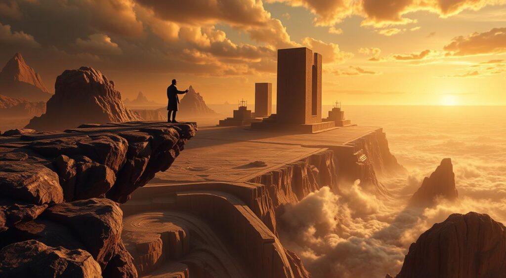 A surreal, philosophical landscape depicting the origins of the compromise fallacy. In the foreground, two figures symbolizing opposing viewpoints stand on a narrow bridge, grasping for a middle ground that eludes them. The bridge appears fragile, hovering above a vast, swirling abyss of clashing ideologies. In the middle ground, towering monoliths of rigid beliefs cast long shadows, while in the distance, a horizon of compromise shimmers, ever out of reach. The scene is bathed in a warm, golden light, evoking a sense of timelessness and the eternal quest for balance. Subtle details, such as crumbling stone and weathered textures, suggest the enduring nature of this philosophical conundrum.