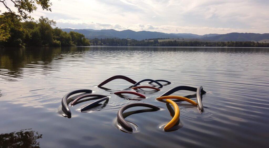 A tranquil outdoor scene, with a serene lake reflecting the surrounding landscape. In the foreground, a group of boomerangs in various shapes and colors rest on the smooth surface of the water, creating a mesmerizing pattern of curves and arcs. The middle ground features lush, verdant foliage, casting dappled shadows across the scene. In the background, distant rolling hills stretch out, bathed in warm, golden sunlight that filters through wispy clouds. The overall atmosphere is one of calm contemplation, inviting the viewer to observe the interplay of motion and stillness, and the intricate dynamics of the boomerang effect.