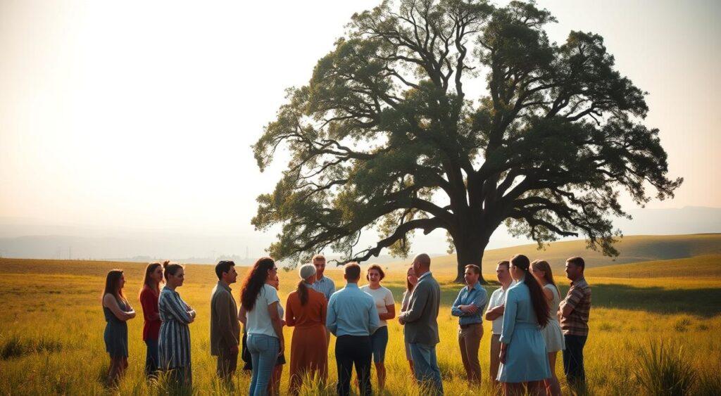 A tranquil, sun-dappled meadow, with gentle rolling hills in the distance. In the foreground, a group of diverse individuals stand in a circle, engaged in thoughtful discussion. Their expressions radiate an air of mutual respect and understanding. The lighting is soft and warm, casting a sense of serene contemplation. In the middle ground, a towering oak tree stands as a silent witness, its branches casting dappled shadows across the scene. The background is hazy, with a distant horizon that suggests a world beyond this shared moment of equitable exchange. The overall atmosphere evokes a sense of fairness, inclusivity, and the collaborative spirit of principled leadership.