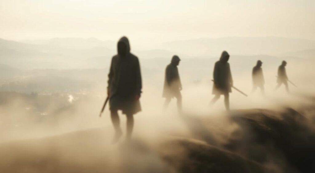 A vague, shadowy timeline unfurls, its edges blurred and indistinct. Ghostly figures emerge from the mist, their forms shifting and indistinct, as if reluctant to be pinned down. In the background, a hazy landscape stretches out, its details obscured by a gentle, atmospheric haze. Soft, diffused lighting casts a dreamlike quality over the scene, lending an air of mystery and uncertainty. The overall impression is one of the elusive nature of language and the ways in which it can be used to obfuscate and conceal. A sense of the historical evolution of vague and evasive communication is hinted at, but the details remain stubbornly out of reach.