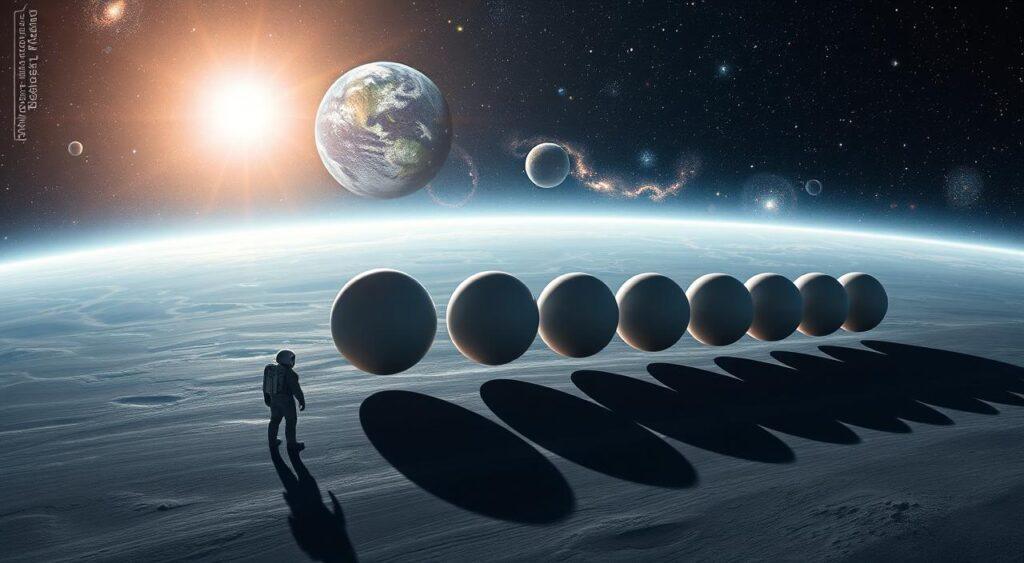 A vast expanse of space, showcasing a meticulous &quot;powers of ten&quot; scale comparison. In the foreground, a lone astronaut stands, dwarfed by the cosmic vastness. Surrounding them, a meticulously arranged sequence of spheres, each representing a different order of magnitude, from the microscopic to the astronomical. Dramatic lighting casts sharp shadows, emphasizing the scale and depth of the scene. The background is a stunning cosmic panorama, filled with distant galaxies and nebulae, creating a sense of awe and wonder. The overall composition conveys the profound understanding of the &quot;order of magnitude&quot; mental model, capturing the immense scale of the universe in a visually compelling way.