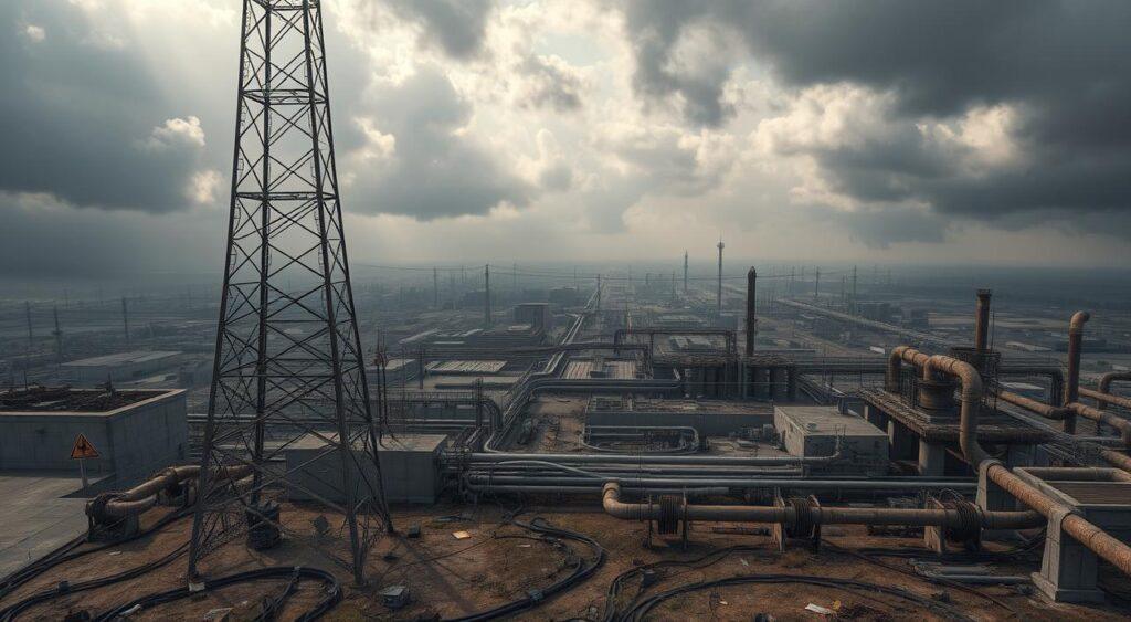 A vast industrial landscape stretching out before the viewer, with crumbling concrete structures, rusting pipes, and ominous warning signs. The foreground is dominated by a towering pylon, its metal lattice framework casting long shadows across the ground. In the middle ground, a labyrinth of pipelines and cables snakes through the scene, highlighting the complexity and interconnectedness of the infrastructure. The background is shrouded in a hazy, ominous atmosphere, with dark clouds gathering overhead, suggesting the looming threat of environmental or technological disaster. The overall mood is one of neglect, vulnerability, and the precariousness of the systems that underpin our modern way of life.