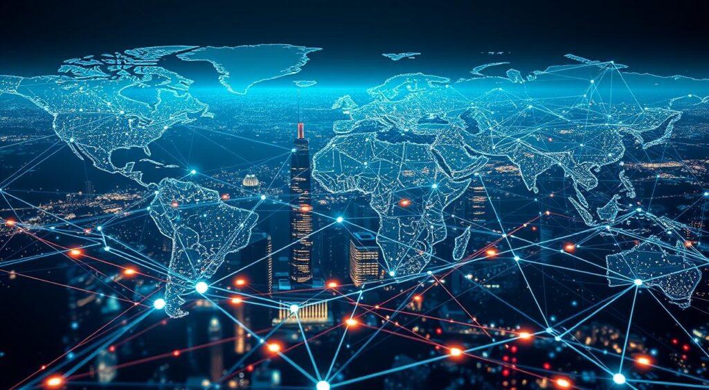 A vast, interconnected global network of digital financial transactions, pulsing with the rhythmic flow of capital. In the foreground, an intricate web of shimmering lines and geometric shapes, representing the complex web of financial instruments and institutions that undergird the international financial system. The middle ground features towering skyscrapers and bustling metropolises, symbolic of the major financial hubs that anchor this global trust infrastructure. In the background, a panoramic vista of the world, with continents and oceans linked by a delicate lattice of data streams and communication channels. The scene is bathed in a cool, technical light, conveying a sense of order, precision, and the omnipresent influence of technology in modern finance.