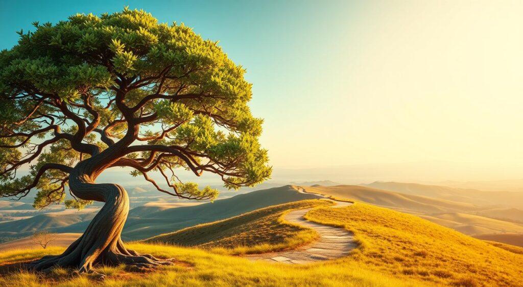 A vibrant, dynamic illustration of "growth strategies" that captures the essence of the "Preferential Attachment Mental Model". In the foreground, a lush, verdant tree with twisting branches and a canopy of flourishing leaves, symbolizing the exponential growth and development of a successful venture. The middle ground features a winding path leading towards the tree, representing the various strategies and choices that contribute to sustainable growth. In the background, a sweeping landscape with rolling hills and a clear, azure sky, conveying a sense of boundless potential and opportunity. The lighting is warm and natural, casting a golden glow that infuses the scene with a sense of optimism and prosperity. The overall composition evokes a feeling of dynamic progression, with the tree as the focal point, embodying the principles of the preferential attachment mental model.