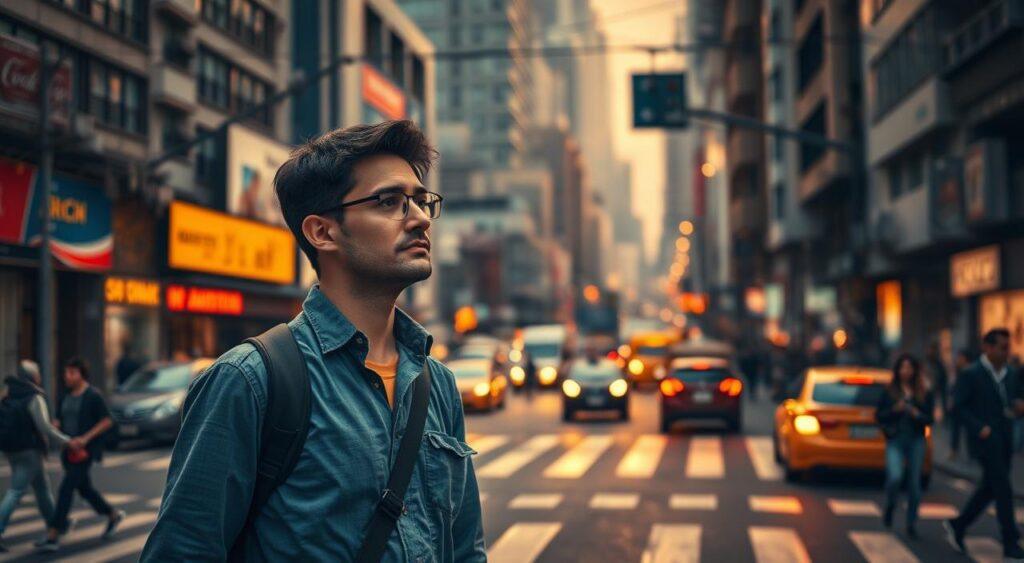 A vibrant, everyday scene of a person navigating through a bustling urban environment, making thoughtful decisions. The foreground depicts the individual standing at a crossroads, considering different paths forward with a contemplative expression. The middle ground showcases the dynamic flow of pedestrians, vehicles, and city infrastructure, representing the complex web of choices and considerations. The background is a detailed cityscape, bathed in warm, soft lighting that creates a pensive, introspective atmosphere. The overall composition conveys the nuanced, deliberative nature of everyday decision-making, reflecting the essence of "The Chauffeur Knowledge Mental Model".