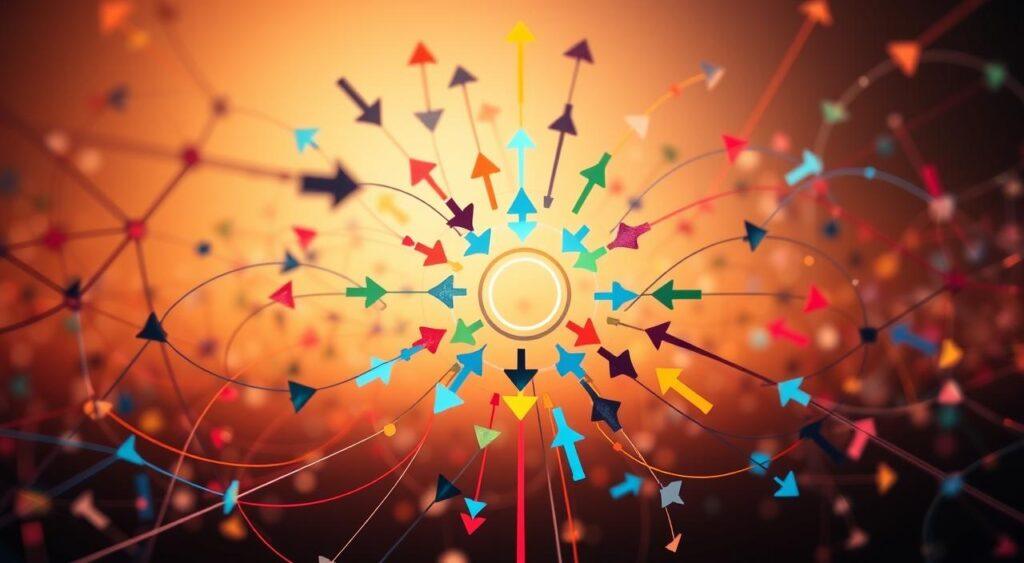 A vibrant, interconnected network of feedback loops, each representing a dynamic systems process. The foreground depicts a central hub with multiple arrows circling and intersecting, symbolizing the continuous exchange of information and influence. The middle ground showcases individual feedback loops in various stages, with arrows of different colors, weights, and directions, creating a sense of depth and complexity. The background features a gradient backdrop, transitioning from warm tones to cooler hues, evoking a sense of balance and equilibrium. Soft, diffused lighting illuminates the scene, casting subtle shadows and highlighting the intricate relationships between the feedback loops. The overall composition conveys the essence of systems thinking and the continuous, self-regulating nature of feedback processes.