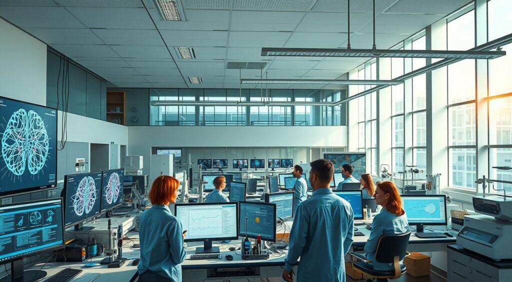 A vibrant, photorealistic scene depicting a cognitive psychology simulation laboratory. In the foreground, a group of researchers intently observe a series of computer monitors displaying complex neural network visualizations and data visualizations. In the middle ground, various scientific equipment and apparatus are arranged meticulously, casting soft, directional lighting across the scene. The background features a panoramic view of a modern, well-equipped research facility, with clean lines, high ceilings, and abundant natural light streaming in through large windows. The overall atmosphere conveys a sense of scientific rigor, intellectual curiosity, and the pursuit of understanding the inner workings of the human mind.