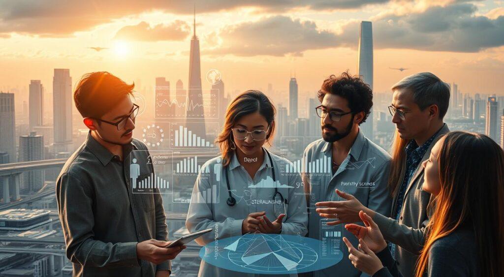 A vibrant, thought-provoking scene depicting the intersection of social sciences and artificial intelligence. In the foreground, a diverse group of researchers collaborate, their expressions focused and hands gesturing as they tackle an intricate problem. The middle ground features a holographic display showcasing overlapping data visualizations, algorithms, and theoretical models. In the background, a futuristic cityscape with towering skyscrapers and advanced transportation systems sets the stage for this cutting-edge, interdisciplinary endeavor. Soft, warm lighting illuminates the scene, creating a contemplative atmosphere of innovation and discovery. The composition conveys a sense of dynamic synergy, where human insight and technological prowess converge to uncover novel solutions.