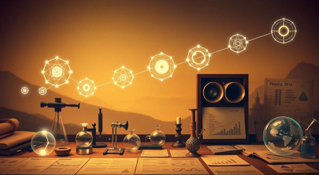 A vintage-inspired illustration of the historical evolution of scientific models, with a focus on the conceptual development and progression of ideas over time. The foreground features a series of interconnected, transparent model shapes, each representing a significant breakthrough or paradigm shift, glowing with an ethereal, holographic quality. The middle ground showcases scientific instruments, charts, and diagrams, evoking the empirical process of model refinement. The background is a hazy, sepia-toned landscape, suggesting the passage of time and the accumulation of knowledge. The lighting is warm and subdued, creating a contemplative, scholarly atmosphere that invites the viewer to ponder the nature of models and their role in our understanding of the world.