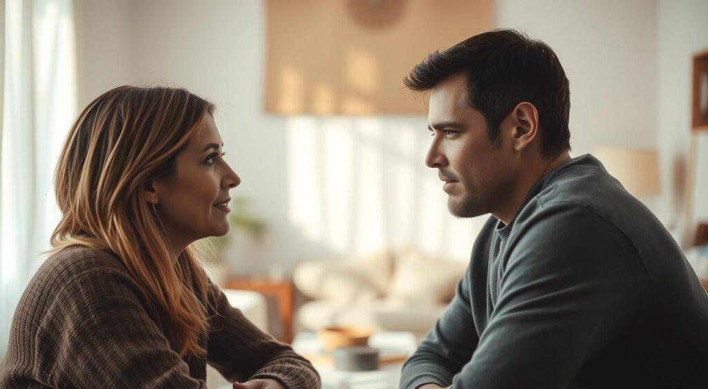 A warm, inviting scene of two people engaged in deep, empathetic communication. The foreground depicts two individuals, their faces softly lit, making direct eye contact and conveying a sense of understanding and connection. The middle ground features a cozy, minimalist setting with muted tones and subtle textures, creating an atmosphere of intimacy and trust. The background is hazy and blurred, drawing the viewer's focus to the central figures and their meaningful exchange. The lighting is natural and diffused, casting a gentle glow that enhances the overall mood of empathy and mutual understanding.