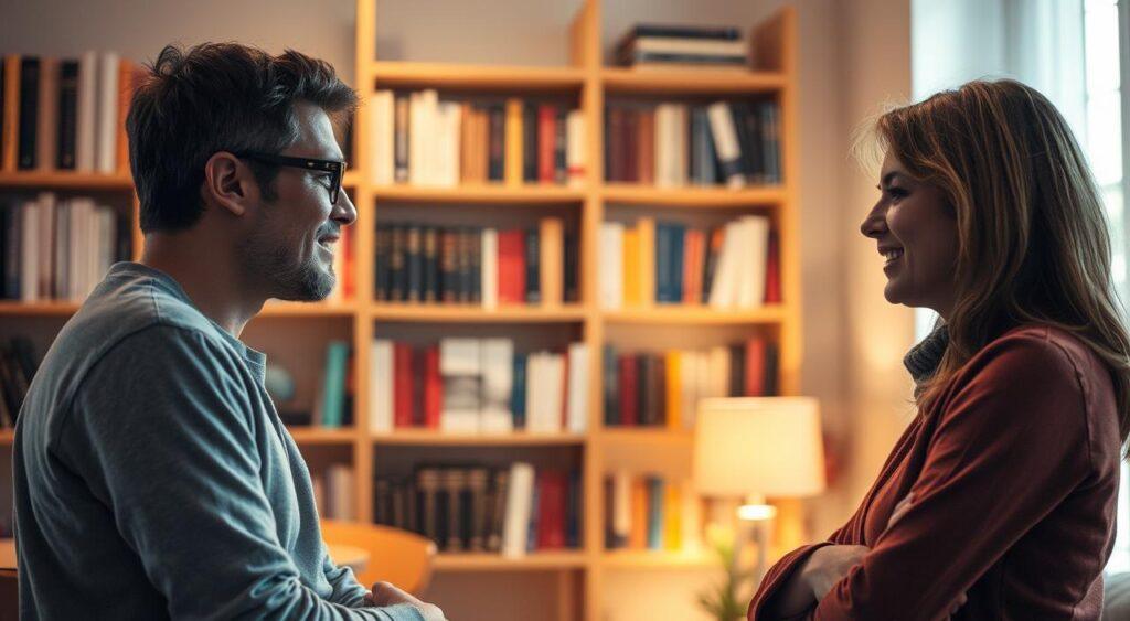 A warm, softly lit interior setting. In the foreground, two people engaged in open, thoughtful conversation, their body language reflecting mutual understanding and trust. Behind them, shelves filled with books, a symbol of knowledge and emotional intelligence. Diffused lighting casts a gentle glow, creating an atmosphere of calm and intimacy. The scene conveys the essence of clear, compassionate communication, a foundation for healthy relationships.