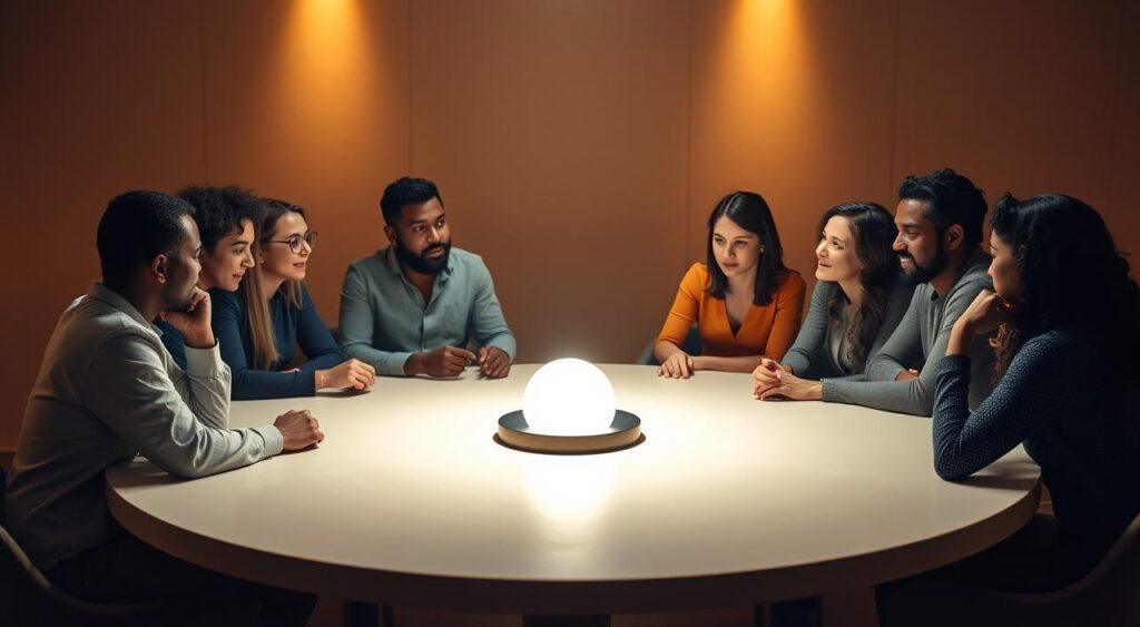 A warm, softly-lit room with a large circular table at the center. Around the table, several people of diverse backgrounds are engaged in a thoughtful discussion, their faces illuminated by the soft glow of a central lamp. The scene conveys a sense of collaborative decision-making, with gestures and body language suggesting a shared understanding and an open exchange of ideas. The background is hazy, emphasizing the focus on the central group and their shared knowledge process. The overall mood is one of thoughtful contemplation and inclusive decision-making.
