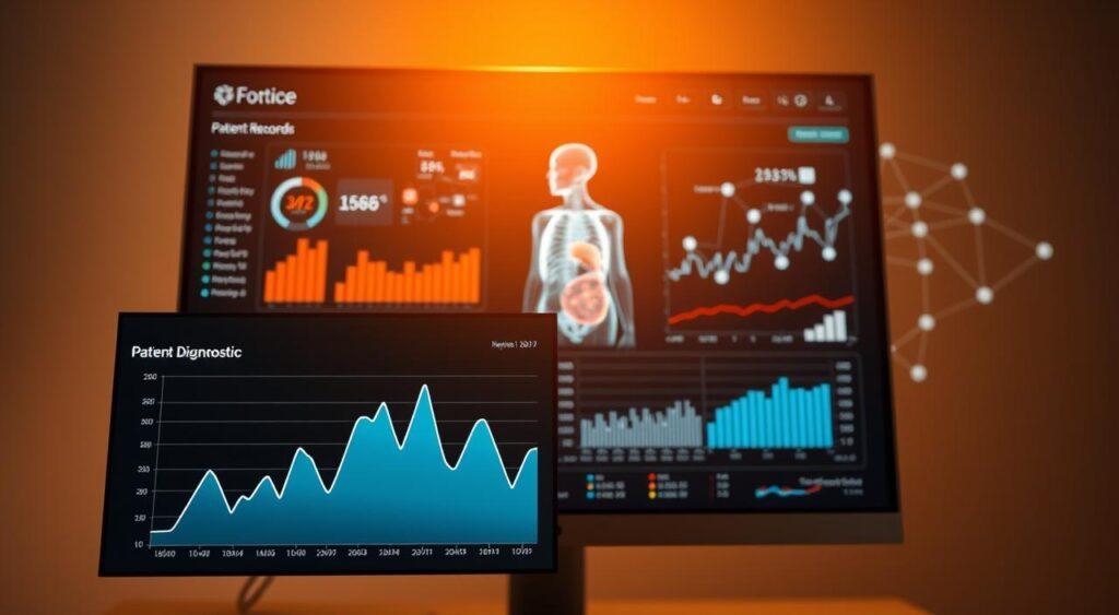A well-lit, high-resolution medical diagnostic data dashboard displayed on a sleek, modern computer monitor. In the foreground, a stylized graph visualizes patient records and treatment outcomes. The middle ground features a 3D anatomical model that can be rotated and analyzed. In the background, a network of connected data points and analytics algorithms suggest the complex, data-driven nature of modern healthcare. Warm lighting casts a professional, authoritative atmosphere, while clean lines and minimal design convey efficiency and precision. The overall scene evokes the intersection of medicine, data science, and business decision-making. A well-lit, high-resolution medical diagnostic data dashboard displayed on a sleek, modern computer monitor. In the foreground, a stylized graph visualizes patient records and treatment outcomes. The middle ground features a 3D anatomical model that can be rotated and analyzed. In the background, a network of connected data points and analytics algorithms suggest the complex, data-driven nature of modern healthcare. Warm lighting casts a professional, authoritative atmosphere, while clean lines and minimal design convey efficiency and precision. The overall scene evokes the intersection of medicine, data science, and business decision-making.