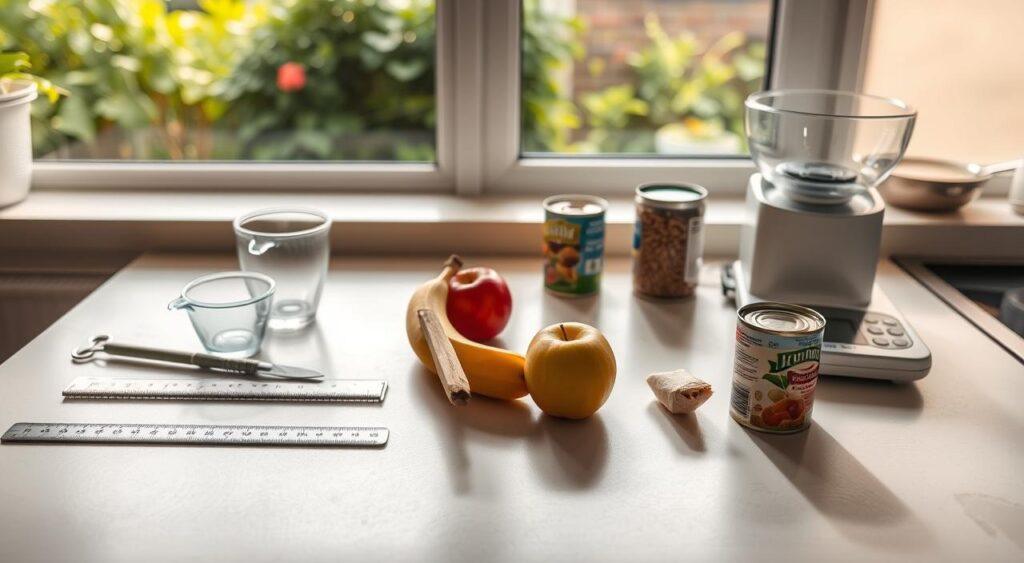 A well-lit kitchen counter, with various everyday objects arranged in a thoughtful composition. In the foreground, a ruler, a set of measuring cups, and a digital scale, symbolizing common household tools for quantity estimation. In the middle ground, a collection of common food items - a banana, an apple, a can of beans - each casting distinct shadows that provide visual cues for their size. In the background, a window overlooking a lush garden, the natural light filtering in and creating a warm, inviting atmosphere. The scene conveys a sense of practicality and mindfulness, encouraging the viewer to engage with the act of estimating quantities in their daily lives.
