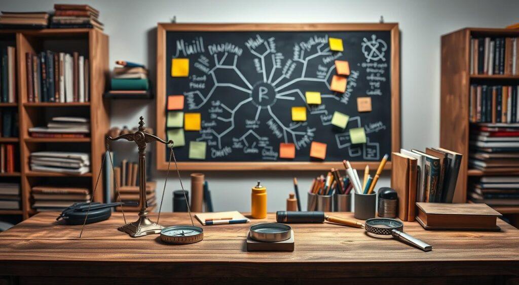 A well-lit studio scene with a wooden desk showcasing an assortment of mental toolkit strategies. In the foreground, a compass, a pair of scales, and a magnifying glass symbolize critical thinking, balance, and attention to detail. The middle ground features a chalkboard with a mind map diagram, highlighters, and sticky notes, representing creativity, organization, and problem-solving. In the background, a bookshelf holds volumes on psychology, philosophy, and self-improvement, suggesting a wealth of knowledge and resources. The overall atmosphere is one of focus, exploration, and a dedication to personal growth.