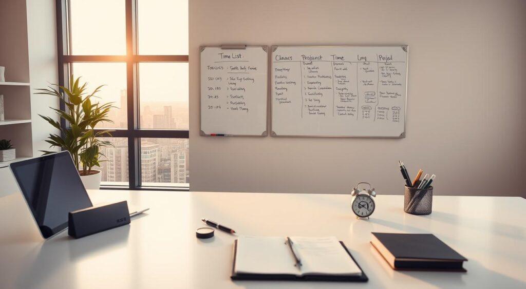 A well-lit workspace with a minimalist, modern aesthetic. In the foreground, a desk with a laptop, a timer, and various productivity tools like a planner and a pen organizer. The middle ground features a wall-mounted whiteboard with neatly organized to-do lists and project timelines. The background showcases a large window overlooking a picturesque cityscape, bathed in warm, natural light. The overall atmosphere conveys a sense of focus, efficiency, and a balanced approach to time management. Algorithms Mental Model-focus, efficiency, and a balanced approach to time management.