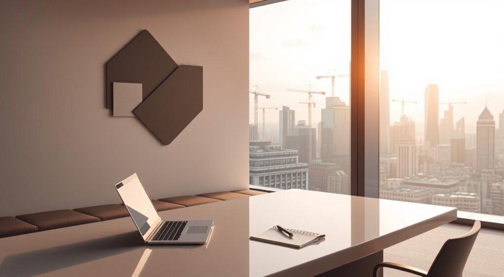 An elegant, minimalist office space with a large window overlooking a bustling city skyline. In the foreground, a sleek desk with a laptop, pen, and notepad, symbolizing the evolution of modern business. On the wall, abstract geometric shapes in muted tones, representing the shifting paradigms and adaptations of the "Planck Principle Mental Model". The lighting is soft and warm, creating a contemplative atmosphere. In the background, silhouettes of towering skyscrapers and cranes, hinting at the rapid transformation and progress of the business landscape. The overall composition conveys a sense of innovation, adaptability, and the seamless integration of traditional and contemporary elements in the modern corporate world.