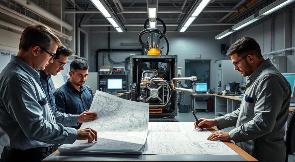 An engineering safety case study scene set in a well-lit, modern laboratory. In the foreground, a team of engineers pore over detailed schematics and technical diagrams, discussing potential risks and mitigation strategies. In the middle ground, a large industrial machine or prototype takes center stage, its inner workings exposed for inspection. The background features a clean, organized workspace with various testing equipment, computers, and technical references. The overall mood is one of focused analysis, careful consideration, and a commitment to robust safety protocols. Dramatic studio lighting casts dramatic shadows, underscoring the gravity of the subject matter.