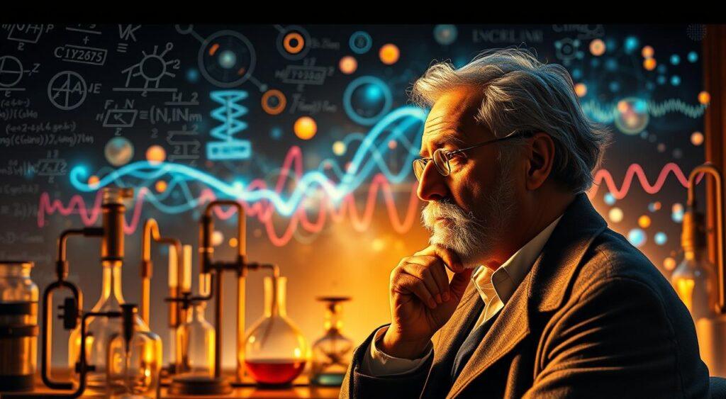 An intricately detailed, high-resolution image of Max Planck's groundbreaking quantum discoveries. In the foreground, a lifelike portrait of Planck, deep in thought, surrounded by swirling mathematical equations and diagrams depicting his revolutionary theories on the quantization of energy. The middle ground features scientific apparatus and laboratory equipment, alluding to Planck's experimental work. In the background, a visually stunning depiction of the quantum world, with vibrant, glowing particles and wavefunctions. The scene is bathed in a warm, amber-tinted lighting, creating a contemplative, almost reverent atmosphere, befitting the historical significance of Planck's contributions to modern physics.