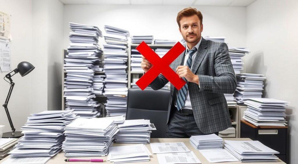 An office desk with piles of documents, overflowing with tasks and deadlines. A person, determined and focused, stands beside the desk, holding a large red "X" stamp, ready to conquer the overwhelming workload. The room is brightly lit, with a clean, minimalist aesthetic, emphasizing the contrast between the chaos of the desk and the person's calm, decisive action. The scene conveys a sense of overcoming Parkinson's Law, where work expands to fill the time available, by taking control and prioritizing tasks effectively.